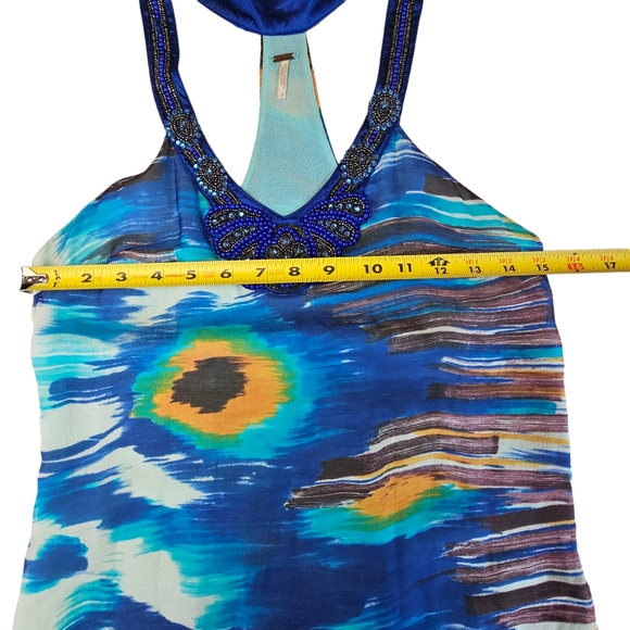 FREE PEOPLE Silk Beads Rhinestones Ruffles Blue & Orange Watercolor Halter Dress - Picture 4 of 16